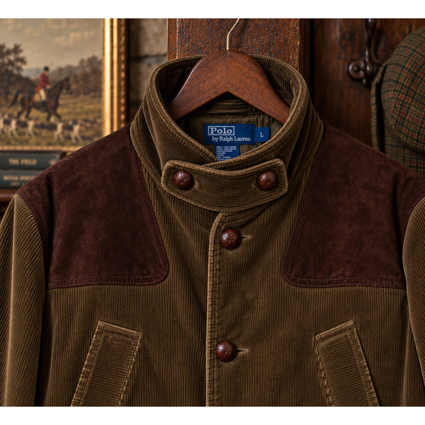 Polo Ralph Lauren Corduroy Norfolk Shooting Jacket Leather Suede Sz L Rare