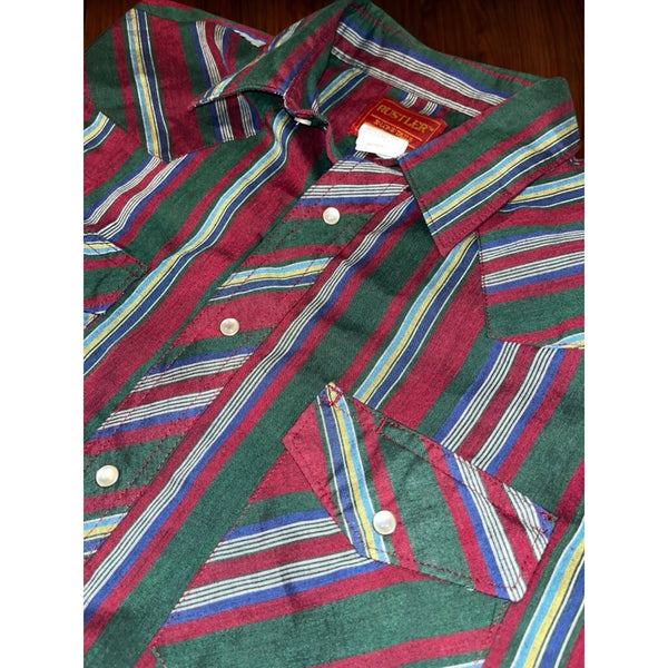 Rustler Western Pearl Snap Shirt Mens L Striped X-Long Tails Rodeo Vintage