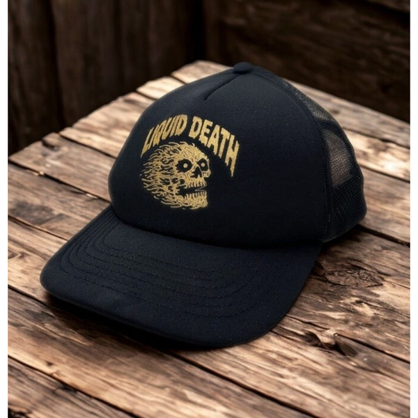 Liquid Death Black Mesh Trucker Snapback Gold Skull Logo NWOT