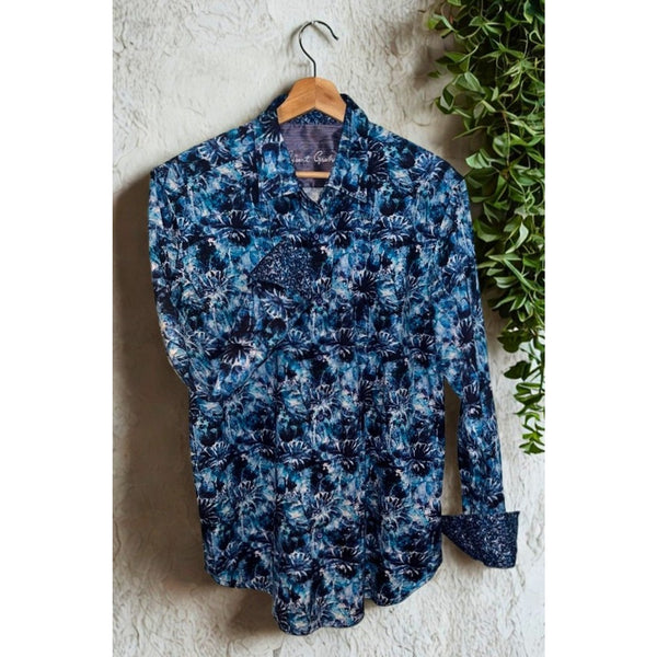 Robert Graham Blue Floral Shirt Mens M Flip Cuff Geometric Button Down EUC