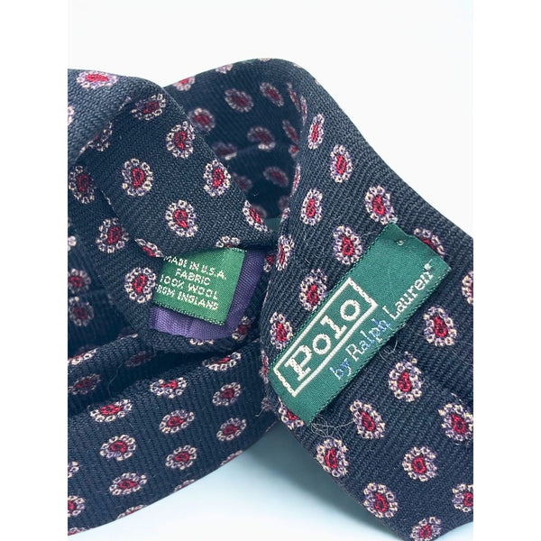 Polo Ralph Lauren Wool Tie Handmade USA Vintage Navy Paisley Dot England