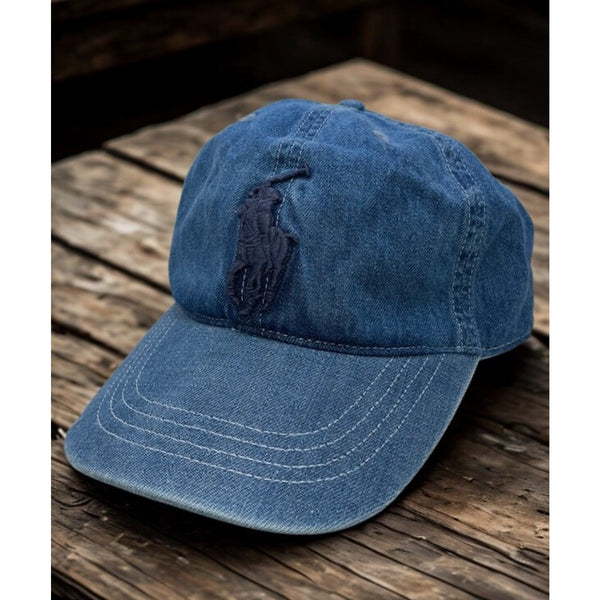 Polo Ralph Lauren Classic Chino Sport Cap Blue Raised Pony Leather Strap EUC