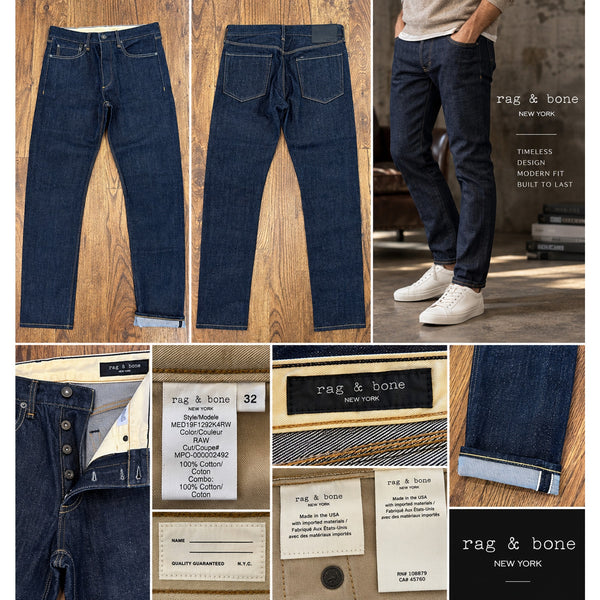 Rag & Bone Fit 2 Skinny Jeans Mens 32x32 Raw Selvedge Denim USA Made NWOT