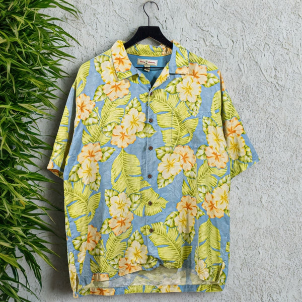 Tommy Bahama Silk Hawaiian Shirt XL Blue Floral Camp Collar Loop Resort Aloha