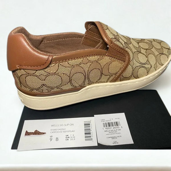 Coach Wells Slip On Sneakers C4393 Sig PVC Khaki Saddle Women’s 9B NIB